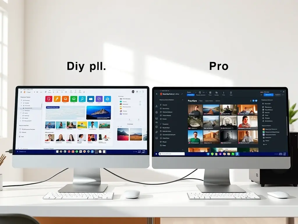 A split-screen image comparing the DIY and Pro plan dashboards, highlighting the differences in features and customization options.